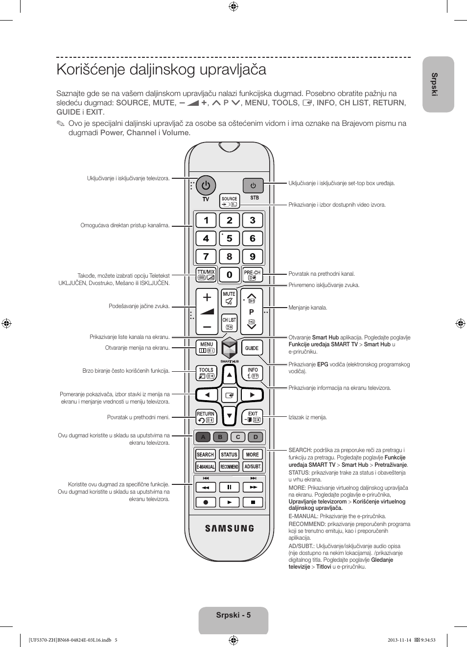 Korišćenje daljinskog upravljača | Samsung UE40F5370SS User Manual | Page 185 / 321