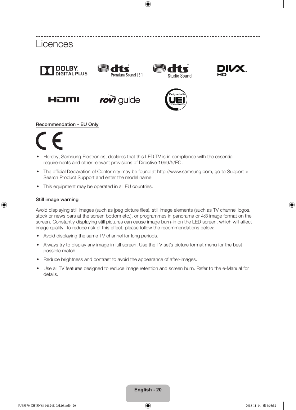 Licences | Samsung UE40F5370SS User Manual | Page 20 / 321