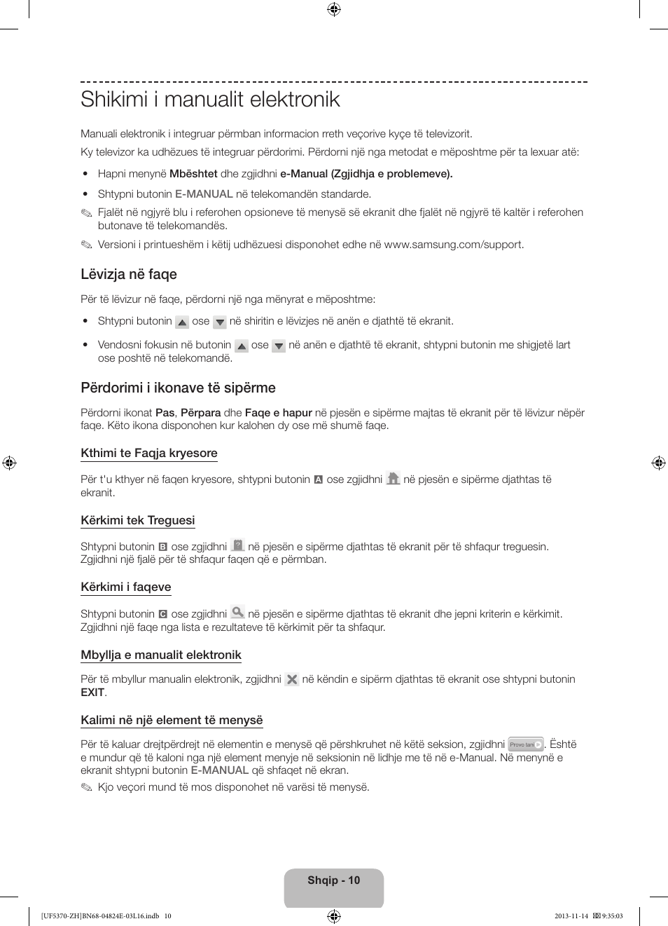 Shikimi i manualit elektronik, Lëvizja në faqe, Përdorimi i ikonave të sipërme | Samsung UE40F5370SS User Manual | Page 210 / 321