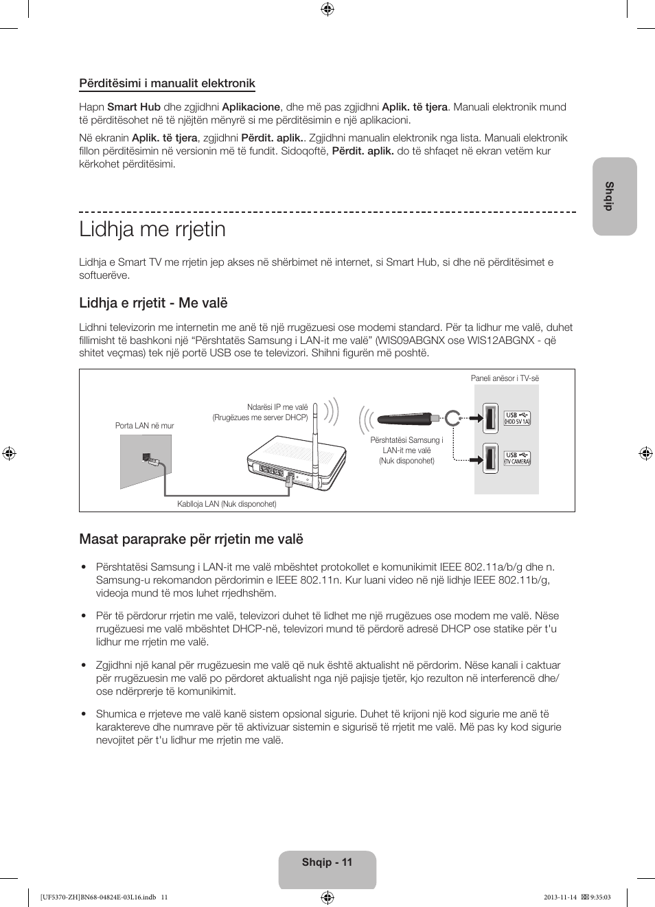 Lidhja me rrjetin, Lidhja e rrjetit - me valë, Masat paraprake për rrjetin me valë | Samsung UE40F5370SS User Manual | Page 211 / 321