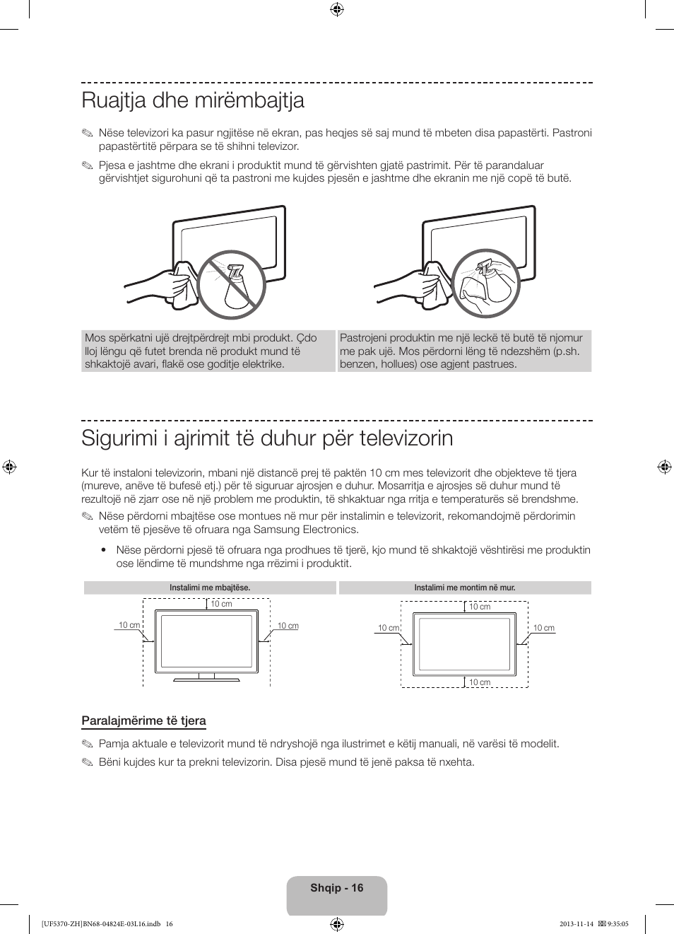 Ruajtja dhe mirëmbajtja, Sigurimi i ajrimit të duhur për televizorin | Samsung UE40F5370SS User Manual | Page 216 / 321