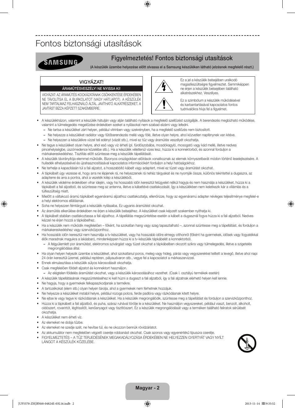 Fontos biztonsági utasítások, Figyelmeztetés! fontos biztonsági utasítások | Samsung UE40F5370SS User Manual | Page 22 / 321