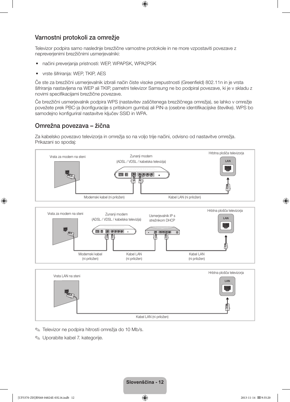 Varnostni protokoli za omrežje, Omrežna povezava – žična | Samsung UE40F5370SS User Manual | Page 252 / 321