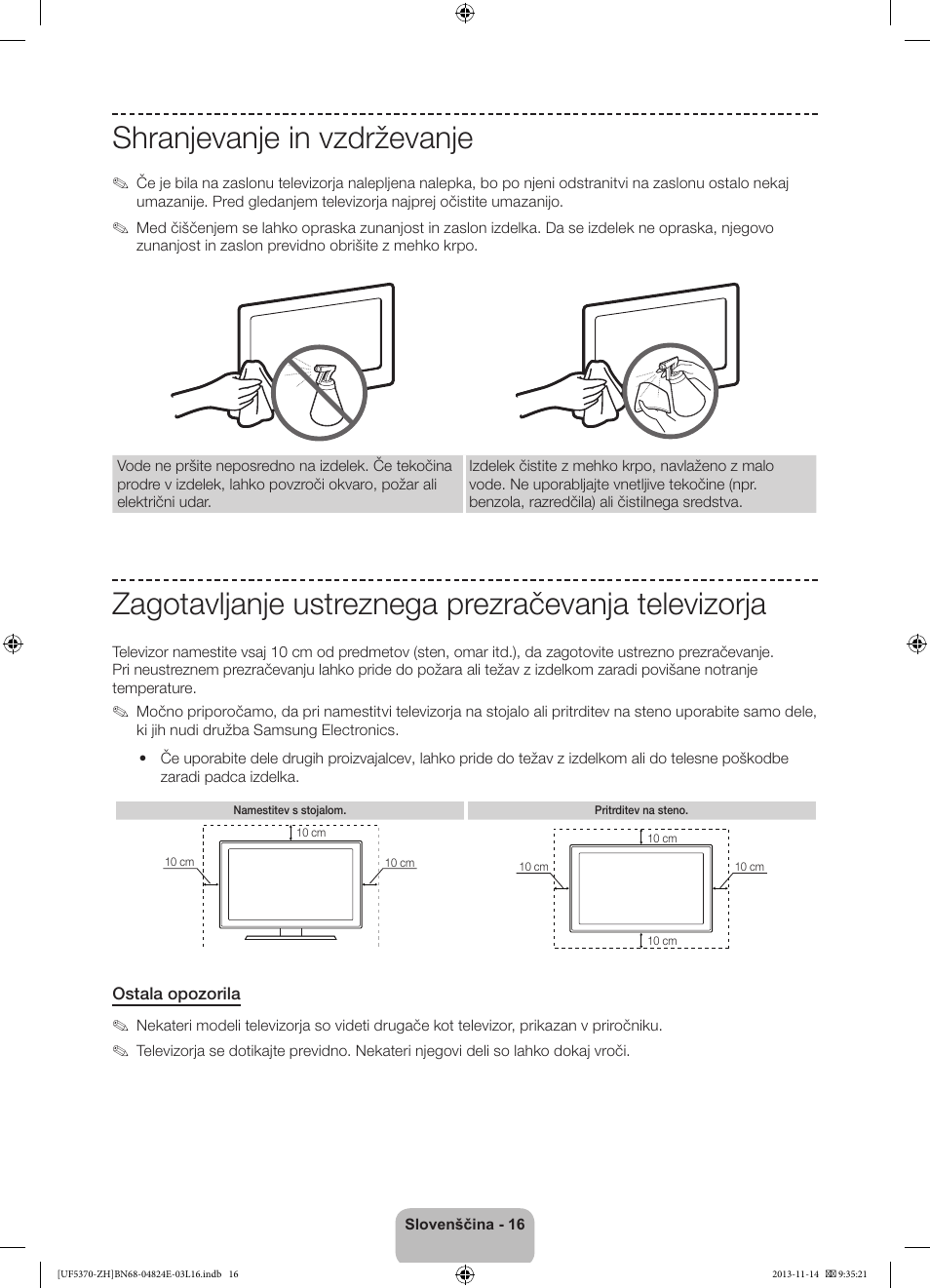 Shranjevanje in vzdrževanje, Zagotavljanje ustreznega prezračevanja televizorja | Samsung UE40F5370SS User Manual | Page 256 / 321