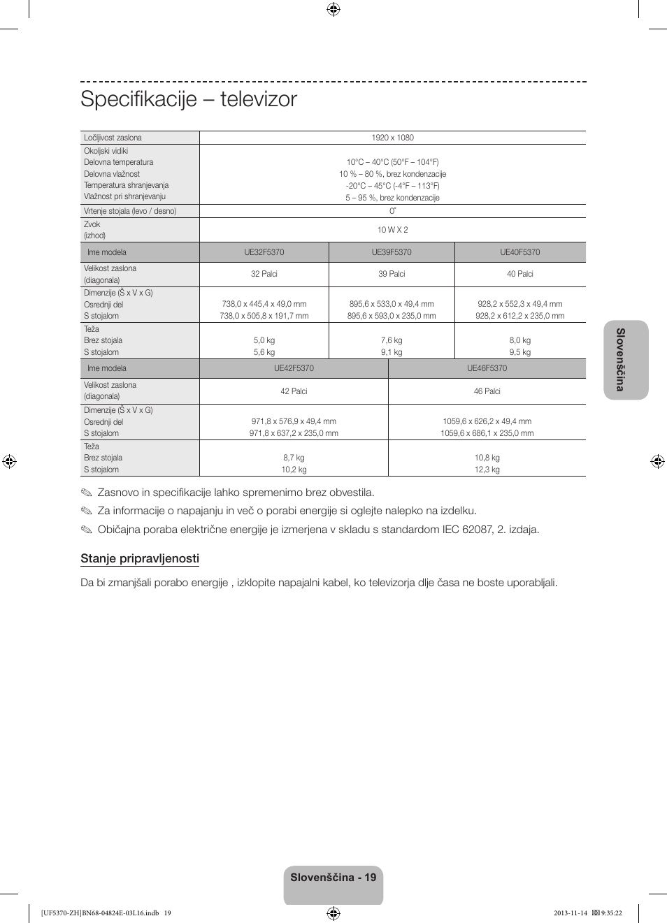 Specifikacije – televizor, Stanje pripravljenosti | Samsung UE40F5370SS User Manual | Page 259 / 321