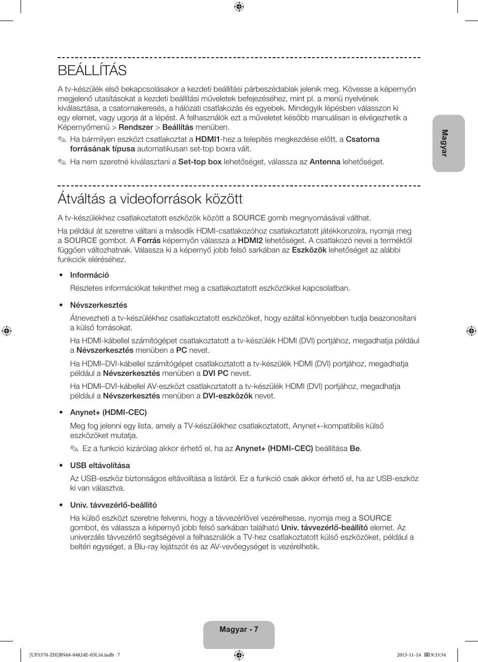 Beállítás, Átváltás a videoforrások között | Samsung UE40F5370SS User Manual | Page 27 / 321