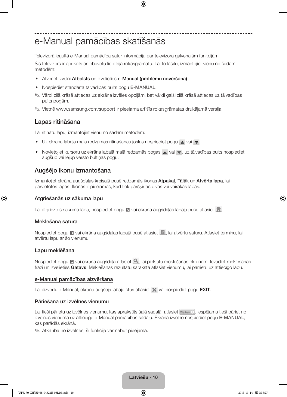 E-manual pamācības skatīšanās, Lapas ritināšana, Augšējo ikonu izmantošana | Samsung UE40F5370SS User Manual | Page 270 / 321