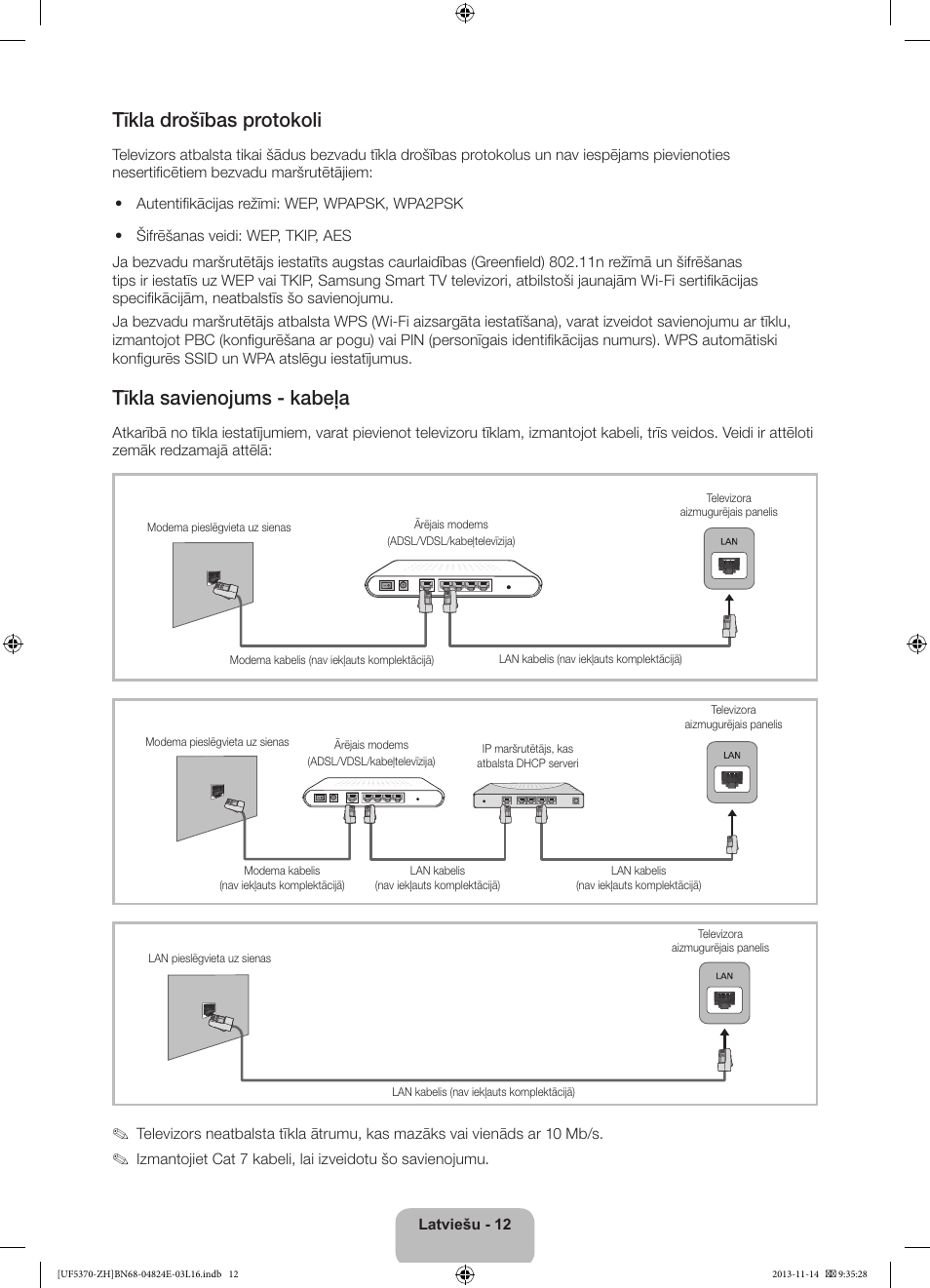 Tīkla drošības protokoli, Tīkla savienojums - kabeļa | Samsung UE40F5370SS User Manual | Page 272 / 321