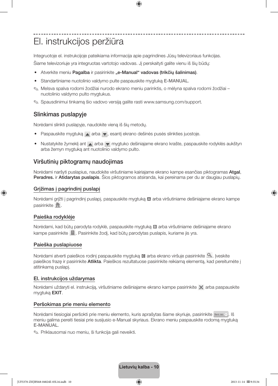 El. instrukcijos peržiūra, Slinkimas puslapyje, Viršutinių piktogramų naudojimas | Samsung UE40F5370SS User Manual | Page 290 / 321