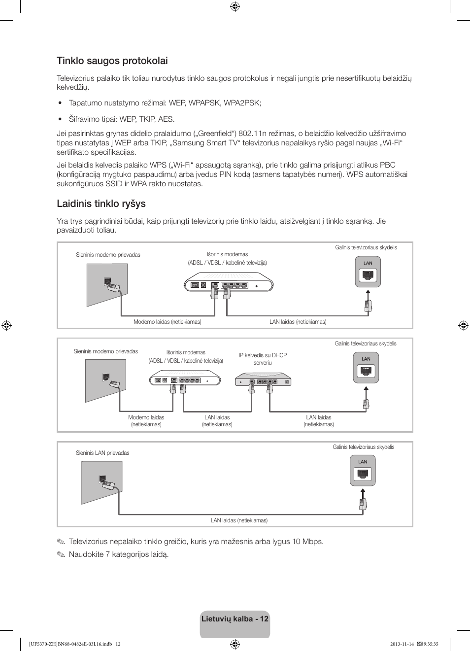 Tinklo saugos protokolai, Laidinis tinklo ryšys | Samsung UE40F5370SS User Manual | Page 292 / 321