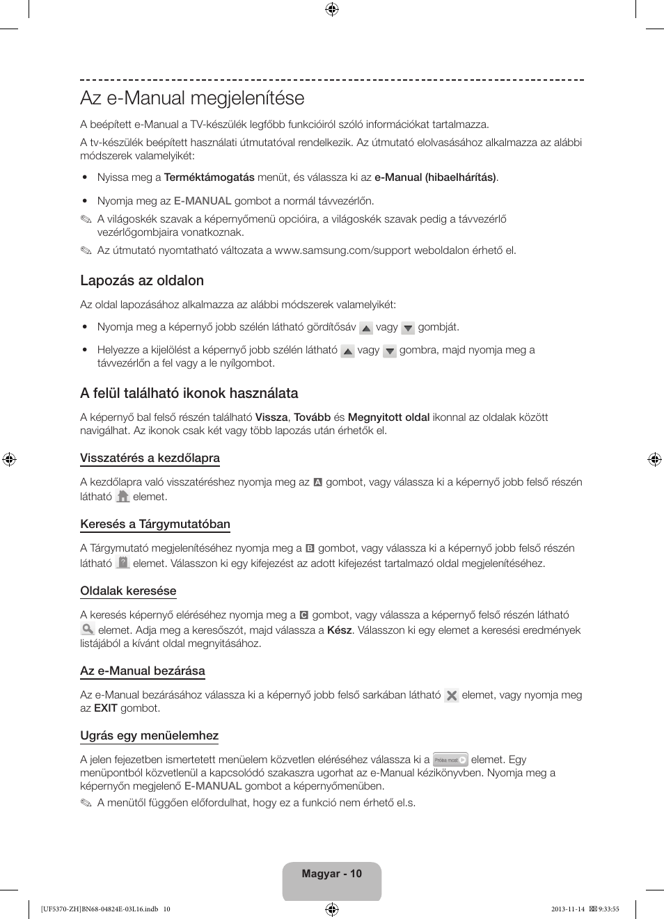 Az e-manual megjelenítése, Lapozás az oldalon, A felül található ikonok használata | Samsung UE40F5370SS User Manual | Page 30 / 321