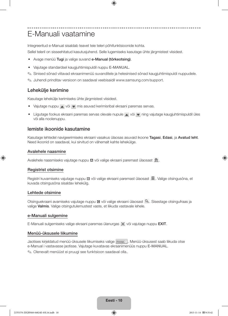 E-manuali vaatamine, Lehekülje kerimine, Lemiste ikoonide kasutamine | Samsung UE40F5370SS User Manual | Page 310 / 321