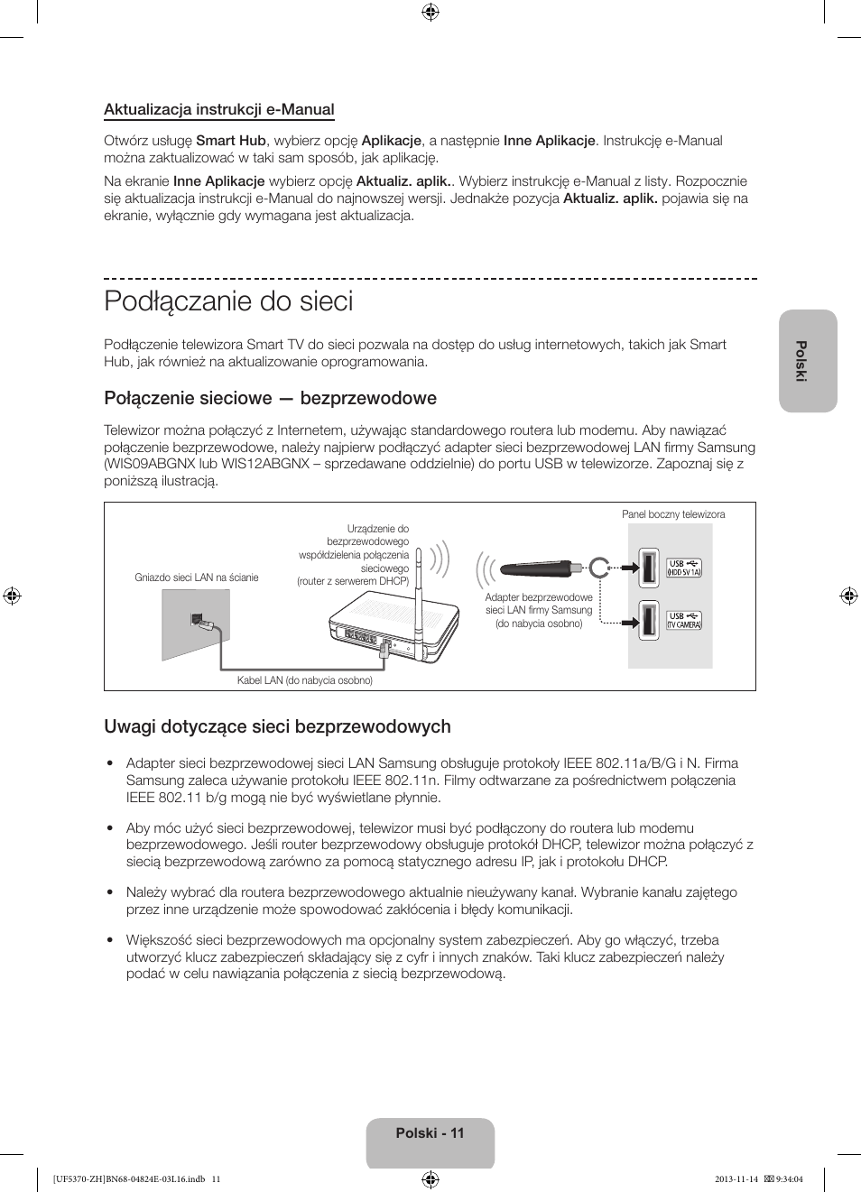 Podłączanie do sieci, Połączenie sieciowe — bezprzewodowe, Uwagi dotyczące sieci bezprzewodowych | Samsung UE40F5370SS User Manual | Page 51 / 321