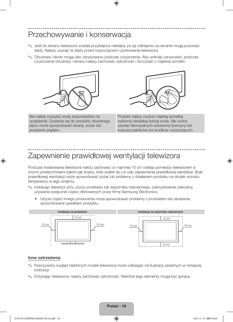 Przechowywanie i konserwacja, Zapewnienie prawidłowej wentylacji telewizora | Samsung UE40F5370SS User Manual | Page 56 / 321