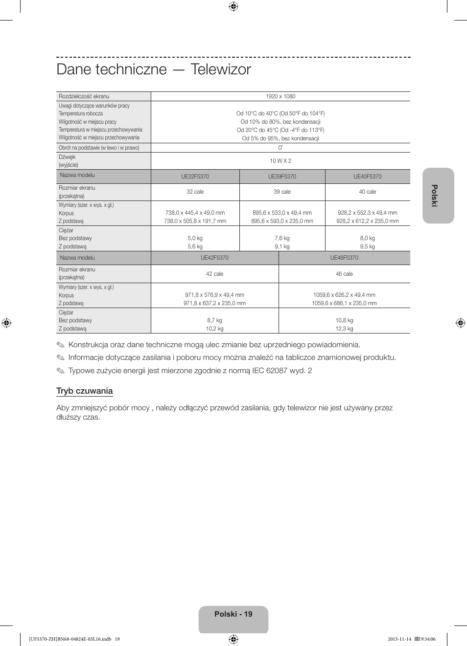 Dane techniczne — telewizor, Tryb czuwania | Samsung UE40F5370SS User Manual | Page 59 / 321