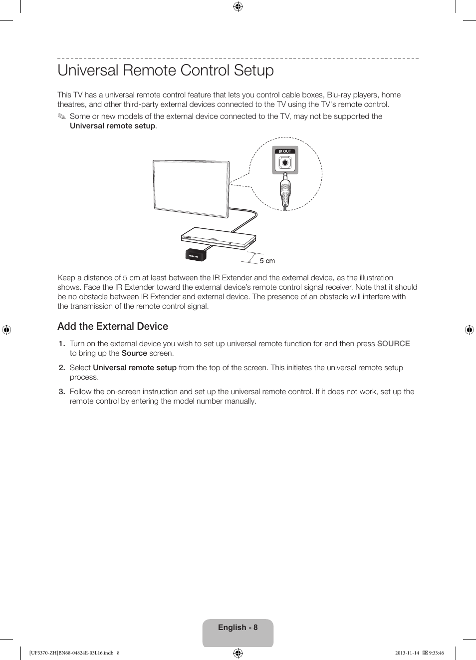 Universal remote control setup, Add the external device | Samsung UE40F5370SS User Manual | Page 8 / 321