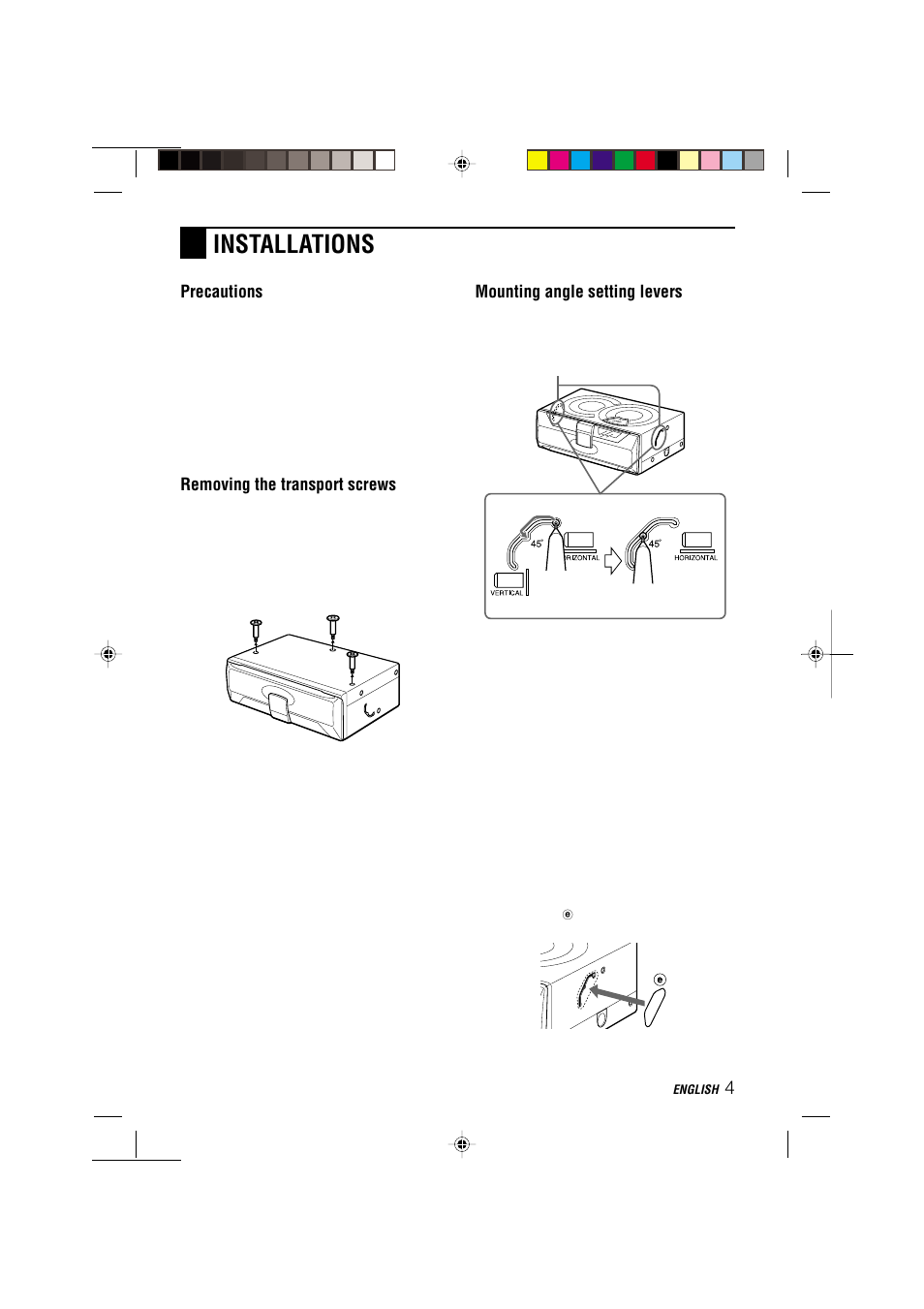 Installations, Precautions, Removing the transport screws | Mounting angle setting levers | Aiwa ADC-M105 User Manual | Page 5 / 12