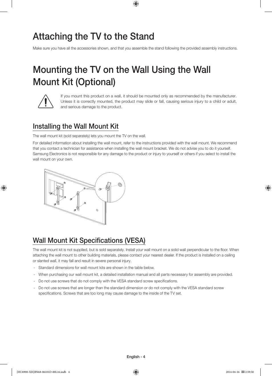 Attaching the tv to the stand, Installing the wall mount kit, Wall mount kit specifications (vesa) | Samsung UE55HU6900S User Manual | Page 4 / 385