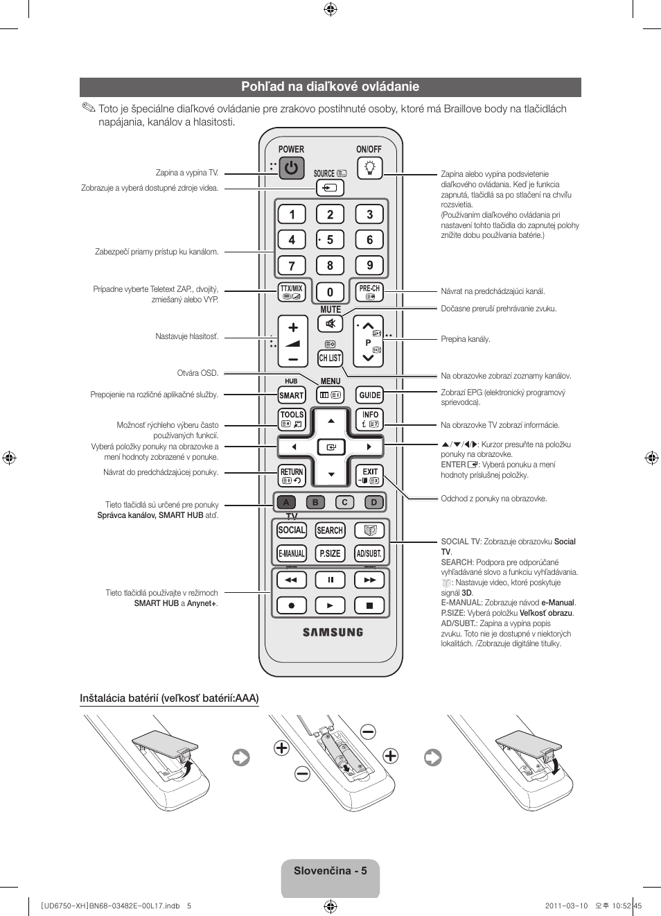 Pohľad na diaľkové ovládanie | Samsung UE46D6750WS User Manual | Page 147 / 344