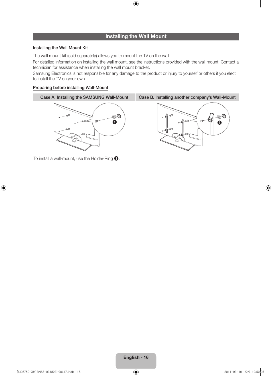 Installing the wall mount | Samsung UE46D6750WS User Manual | Page 16 / 344