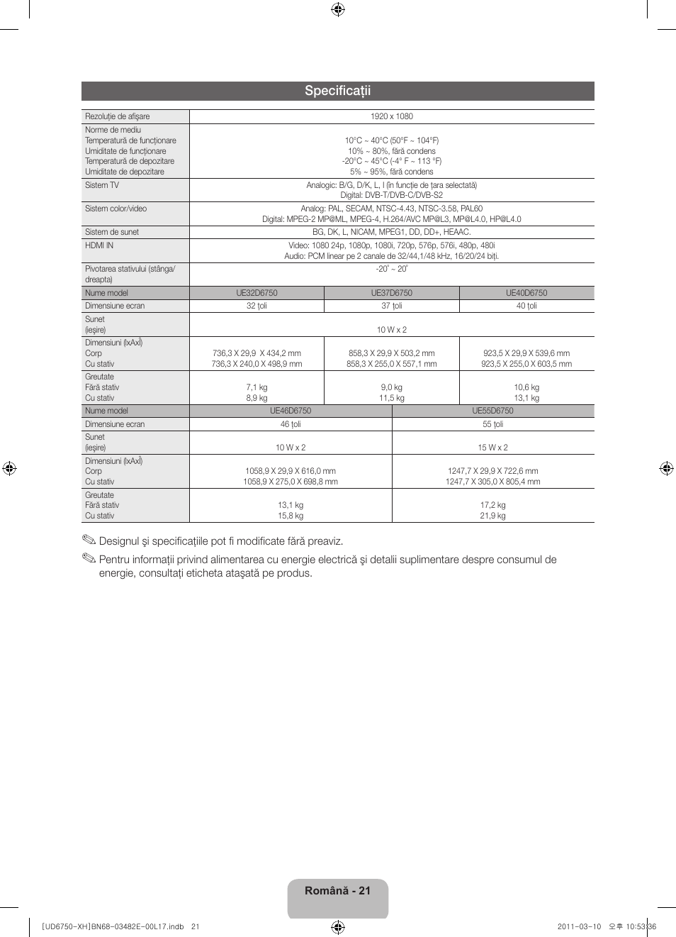 Specificaţii | Samsung UE46D6750WS User Manual | Page 183 / 344