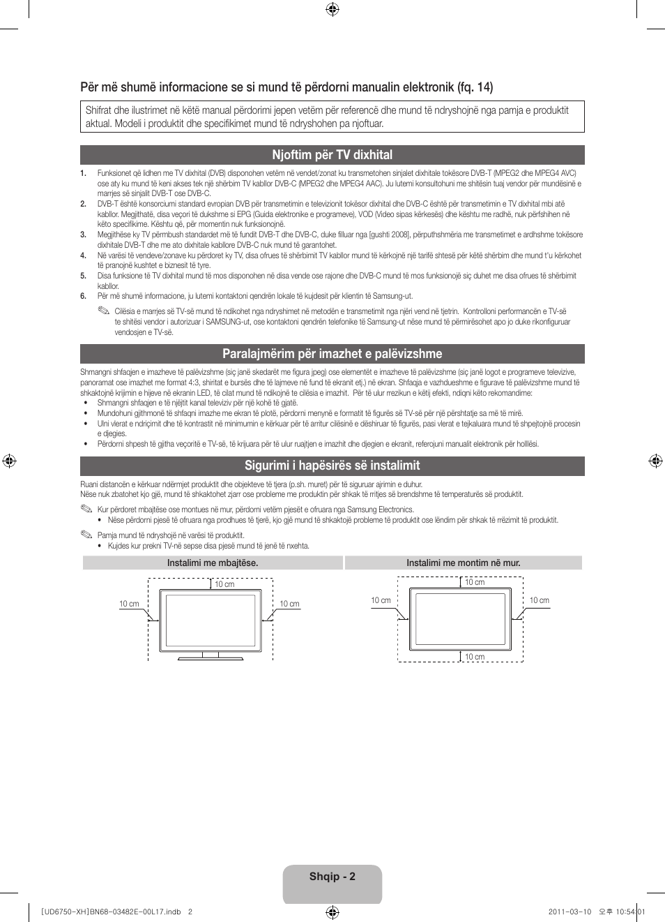 Njoftim për tv dixhital, Paralajmërim për imazhet e palëvizshme, Sigurimi i hapësirës së instalimit | Samsung UE46D6750WS User Manual | Page 204 / 344