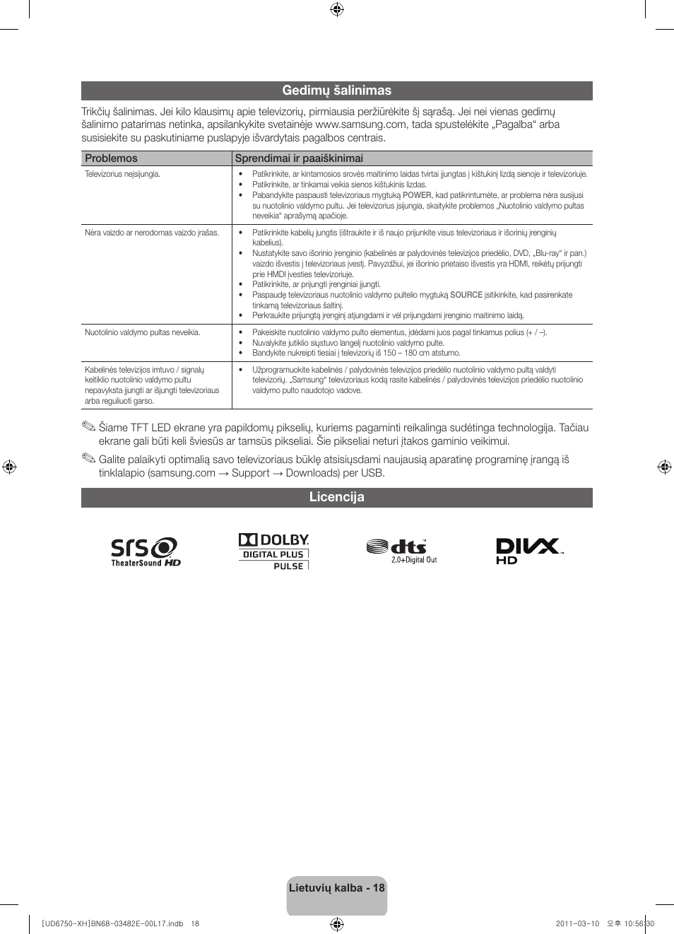 Gedimų šalinimas, Licencija | Samsung UE46D6750WS User Manual | Page 300 / 344