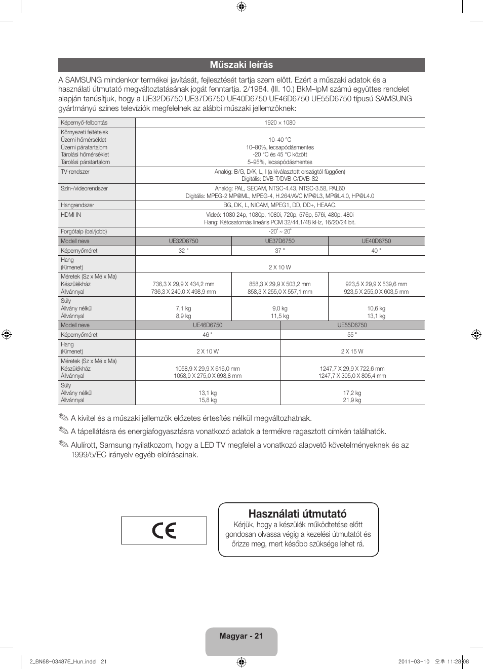 Használati útmutató, Műszaki leírás | Samsung UE46D6750WS User Manual | Page 43 / 344