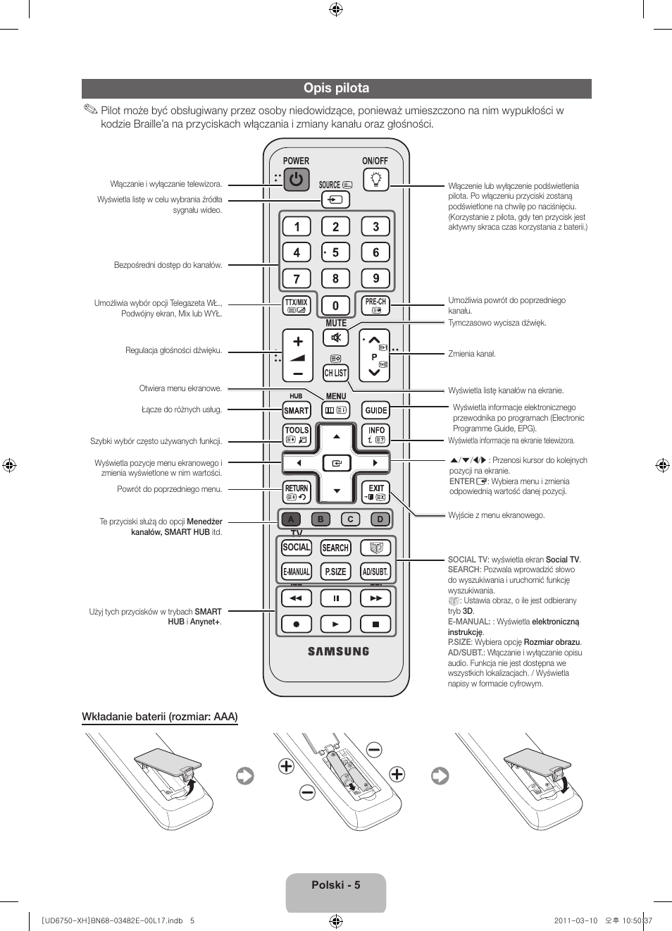 Opis pilota | Samsung UE46D6750WS User Manual | Page 47 / 344