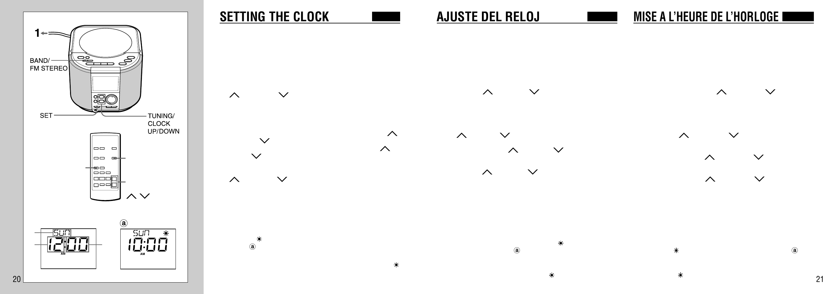 Setting the clock, Ajuste del reloj, Mise a l’heure de l’horloge | Aiwa FR-TC5500 User Manual | Page 11 / 26