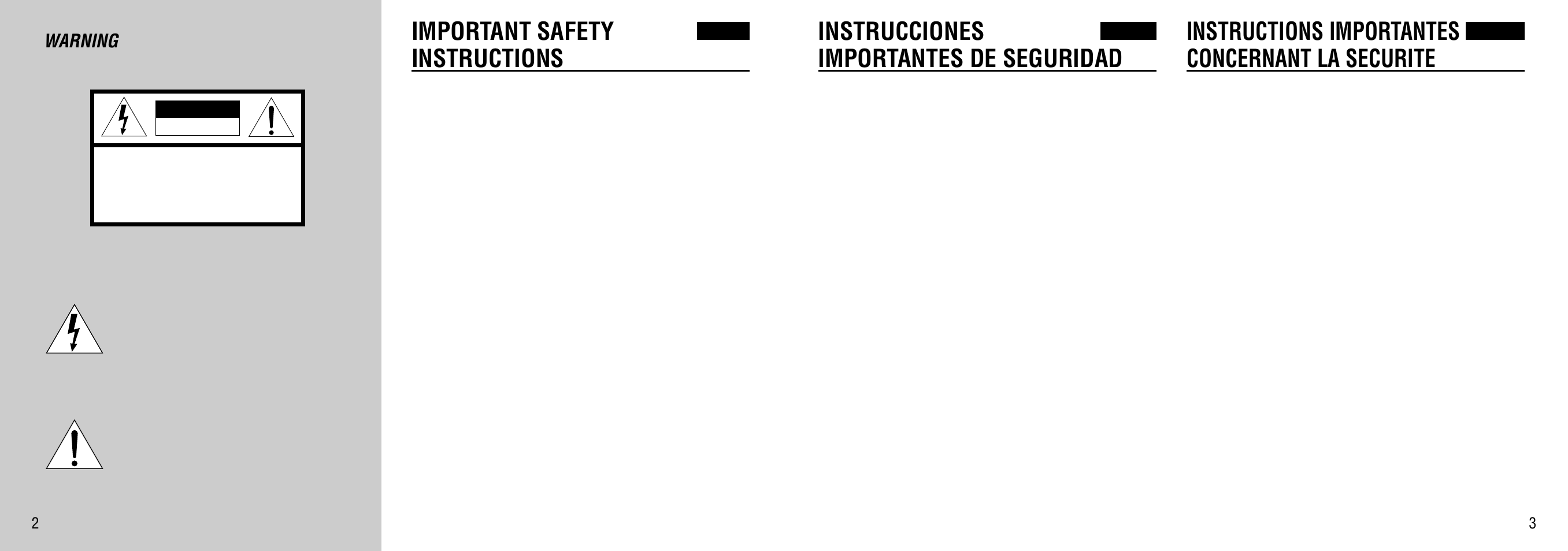 Important safety instructions, Instrucciones importantes de seguridad, Instructions importantes concernant la securite | Warning | Aiwa FR-TC5500 User Manual | Page 2 / 26