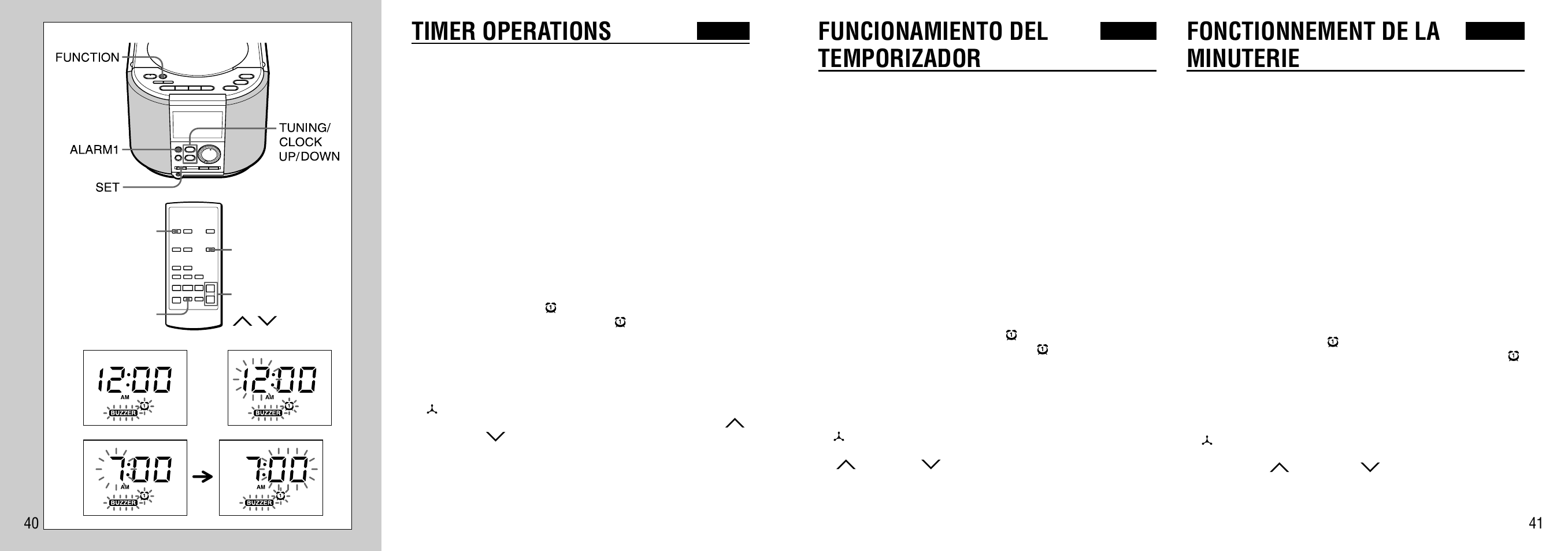 Timer operations, Funcionamiento del temporizador, Fonctionnement de la minuterie | Aiwa FR-TC5500 User Manual | Page 21 / 26