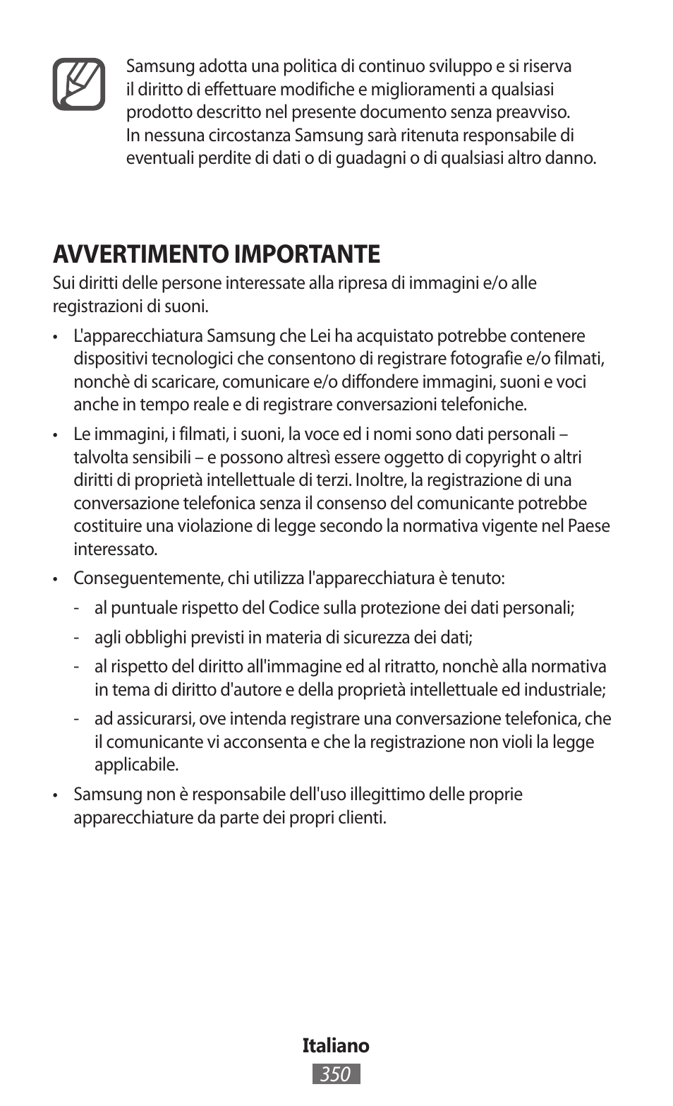 Avvertimento importante | Samsung GT-I9506 User Manual | Page 351 / 718