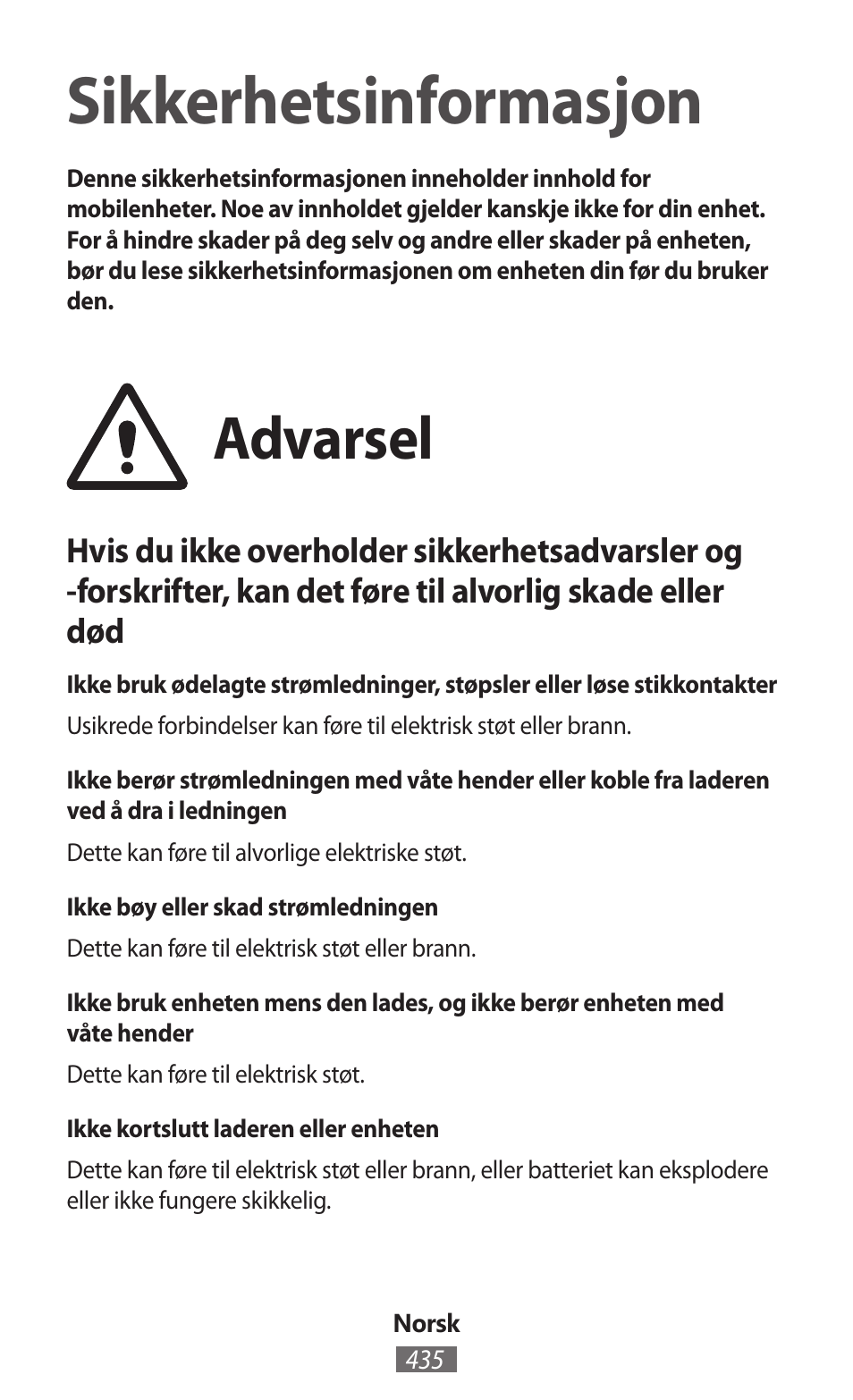 Norsk, Sikkerhetsinformasjon, Advarsel | Samsung GT-I9506 User Manual | Page 436 / 718