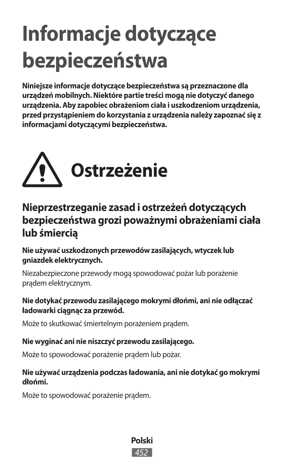 Polski, Informacje dotyczące bezpieczeństwa, Ostrzeżenie | Samsung GT-I9506 User Manual | Page 453 / 718