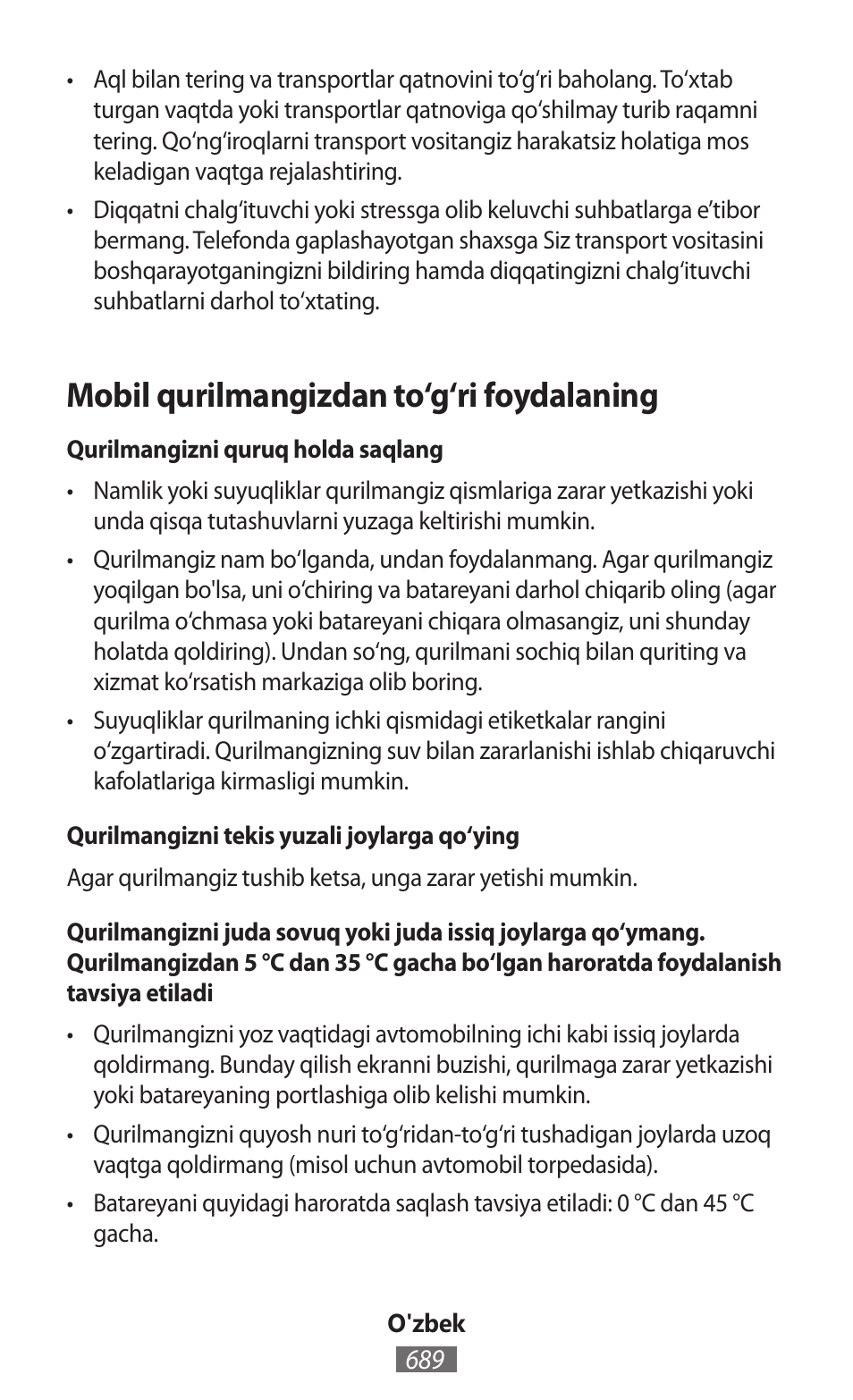 Mobil qurilmangizdan to‘g‘ri foydalaning | Samsung GT-I9506 User Manual | Page 690 / 718