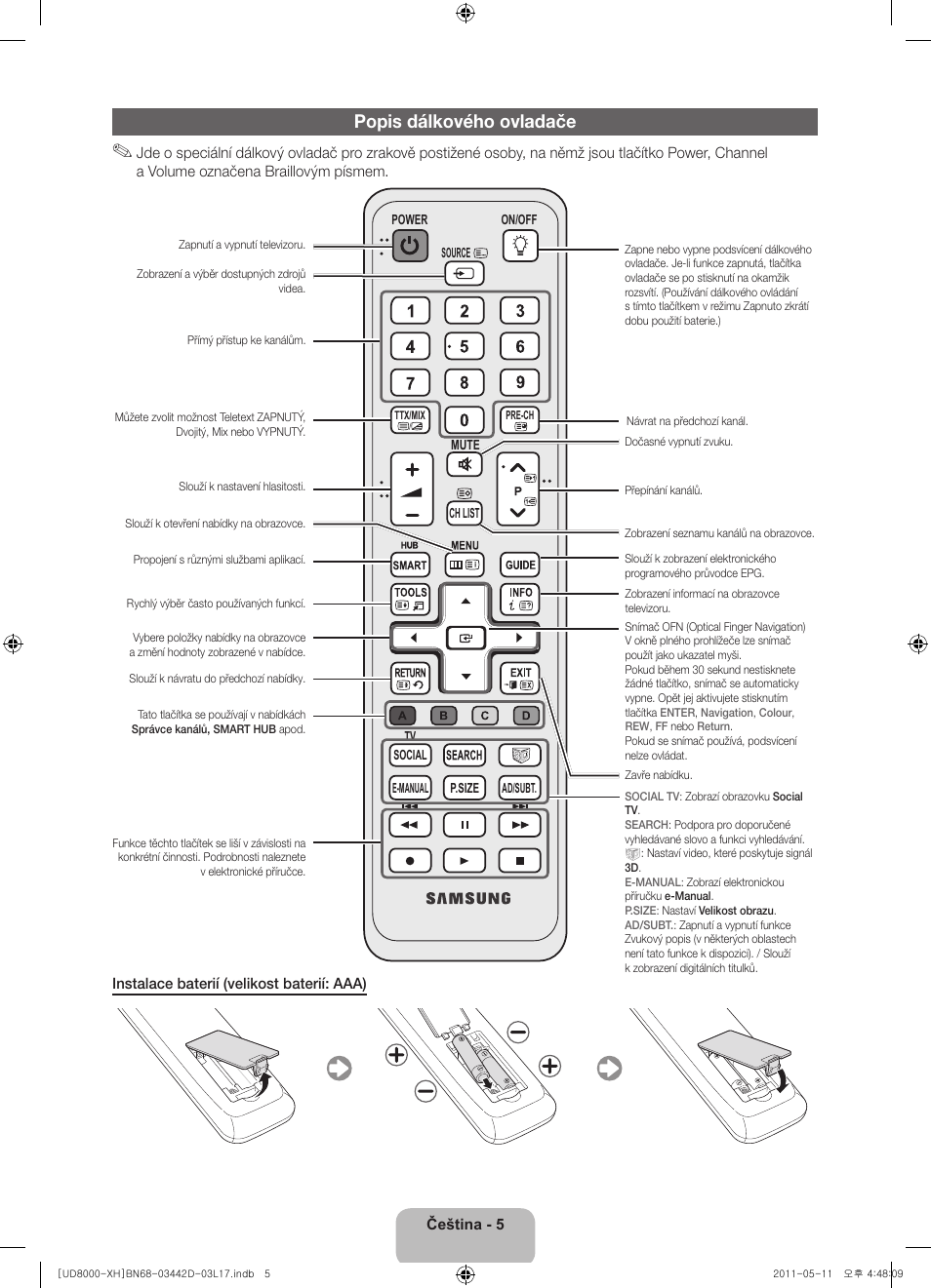Popis dálkového ovladače | Samsung UE46D8000YS User Manual | Page 127 / 344