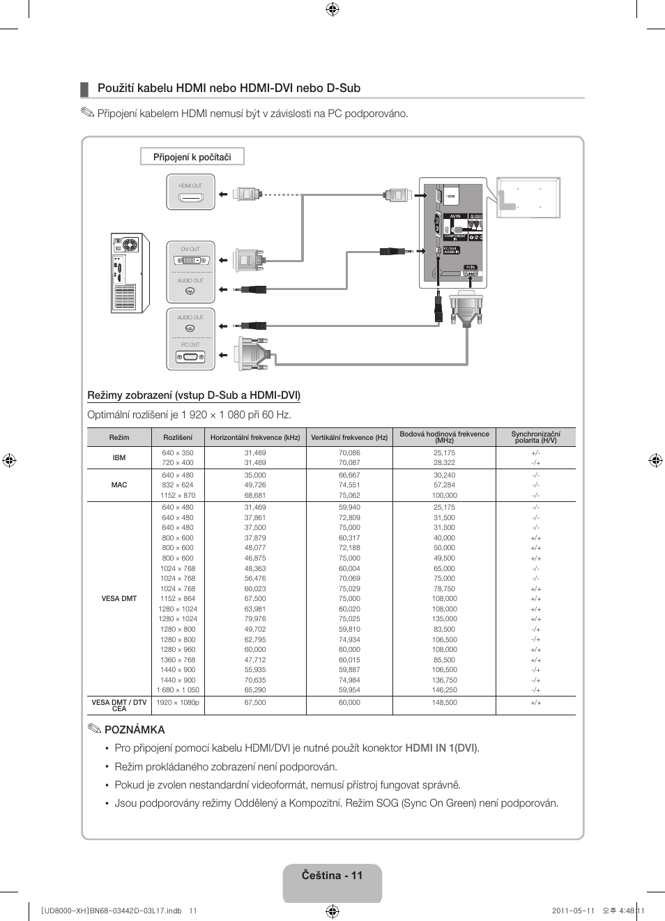 Použití kabelu hdmi nebo hdmi-dvi nebo d-sub | Samsung UE46D8000YS User Manual | Page 133 / 344