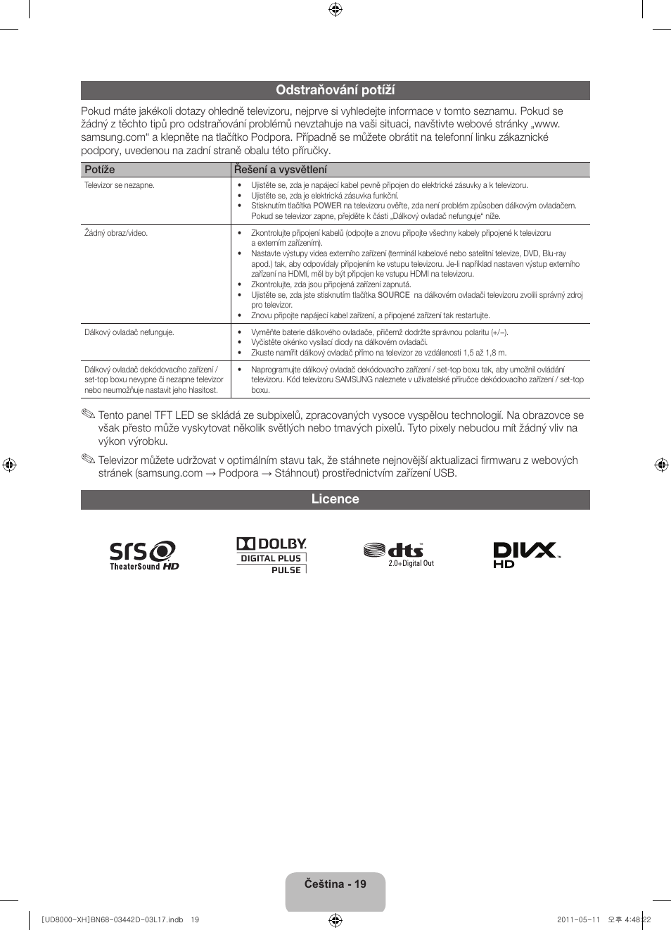 Odstraňování potíží, Licence | Samsung UE46D8000YS User Manual | Page 141 / 344