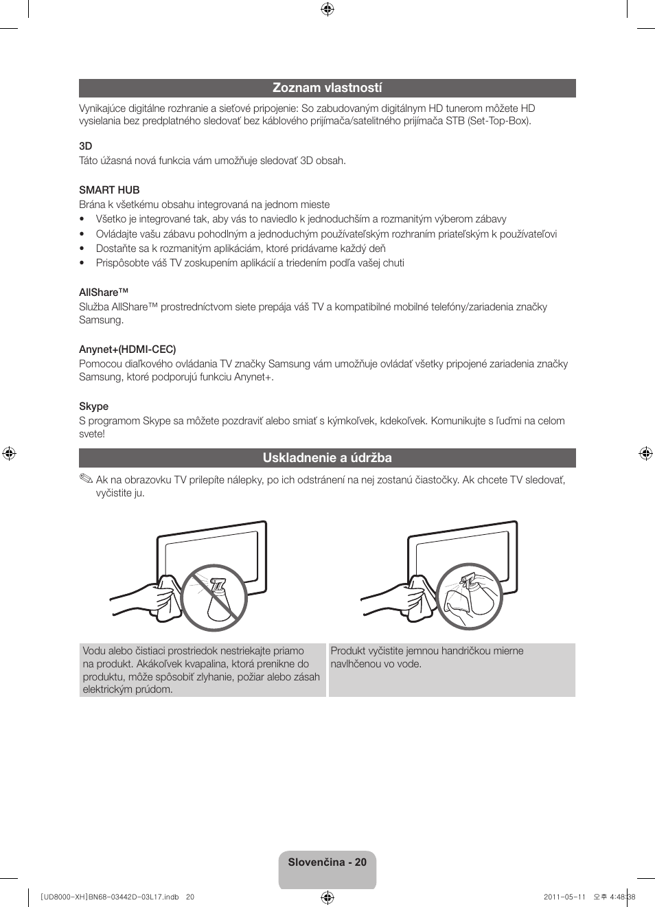 Zoznam vlastností, Uskladnenie a údržba | Samsung UE46D8000YS User Manual | Page 162 / 344