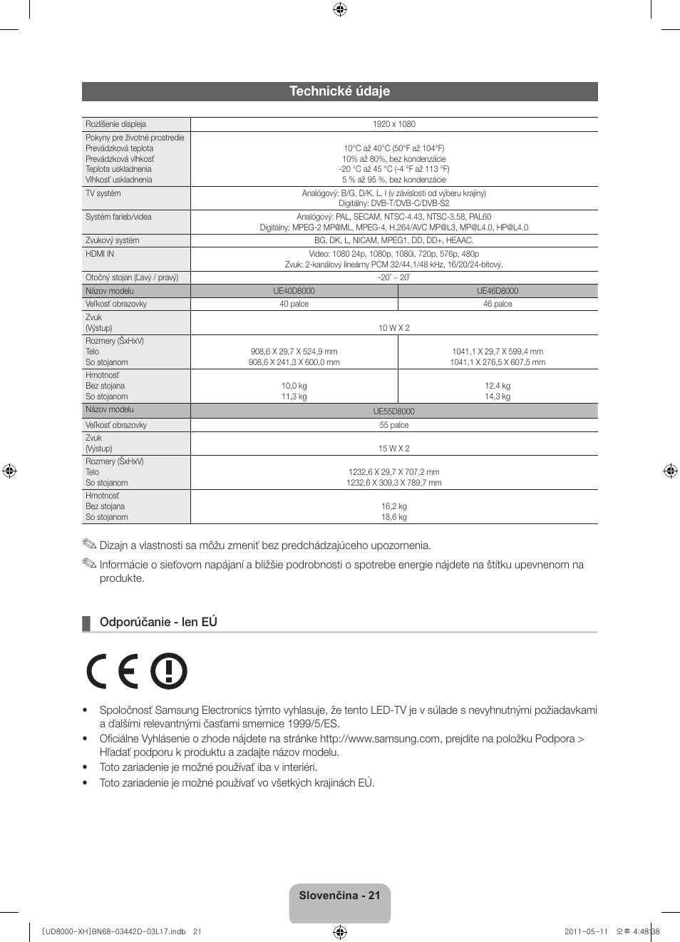 Technické údaje, Odporúčanie - len eú | Samsung UE46D8000YS User Manual | Page 163 / 344
