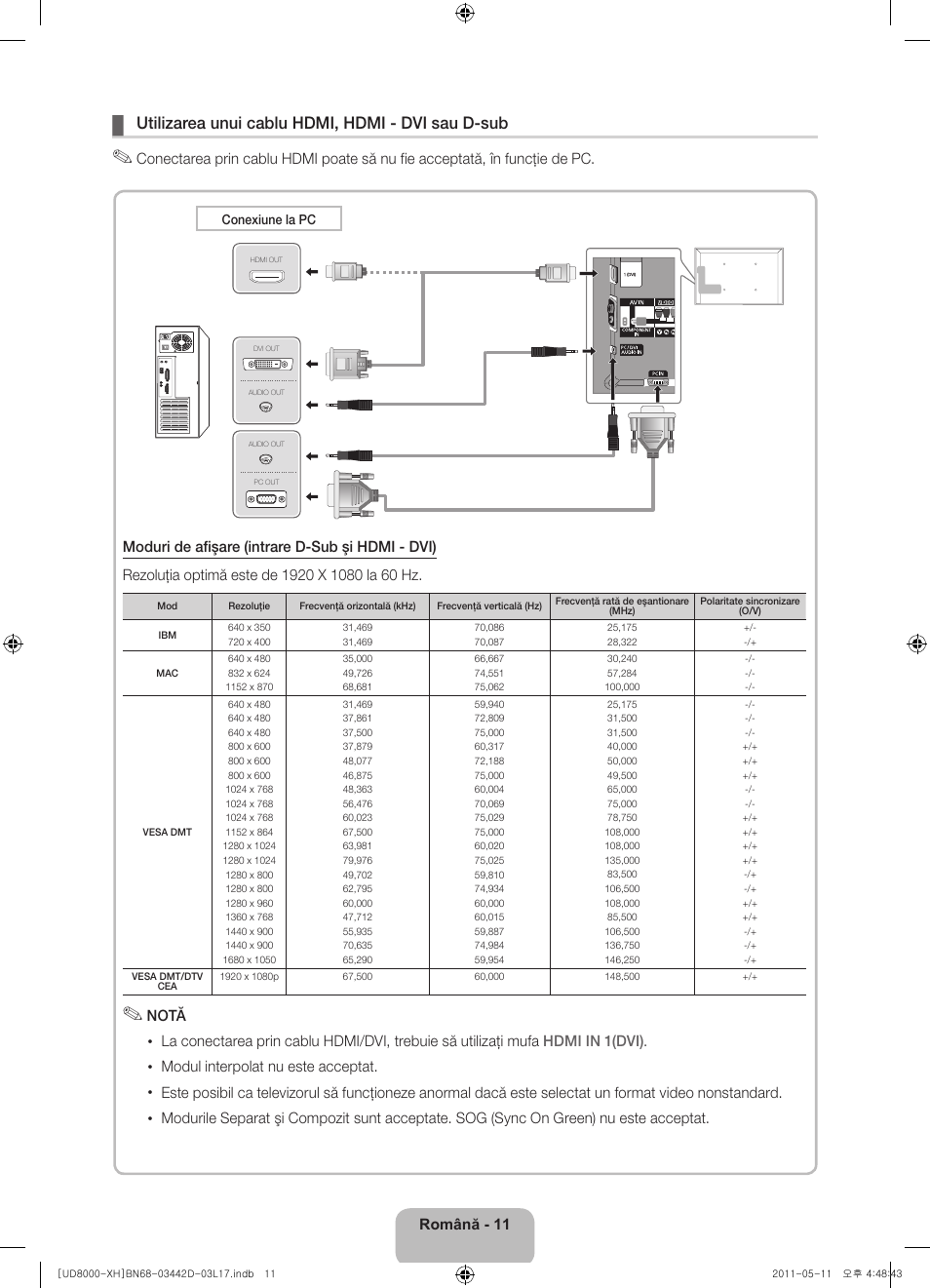 Utilizarea unui cablu hdmi, hdmi - dvi sau d-sub | Samsung UE46D8000YS User Manual | Page 173 / 344