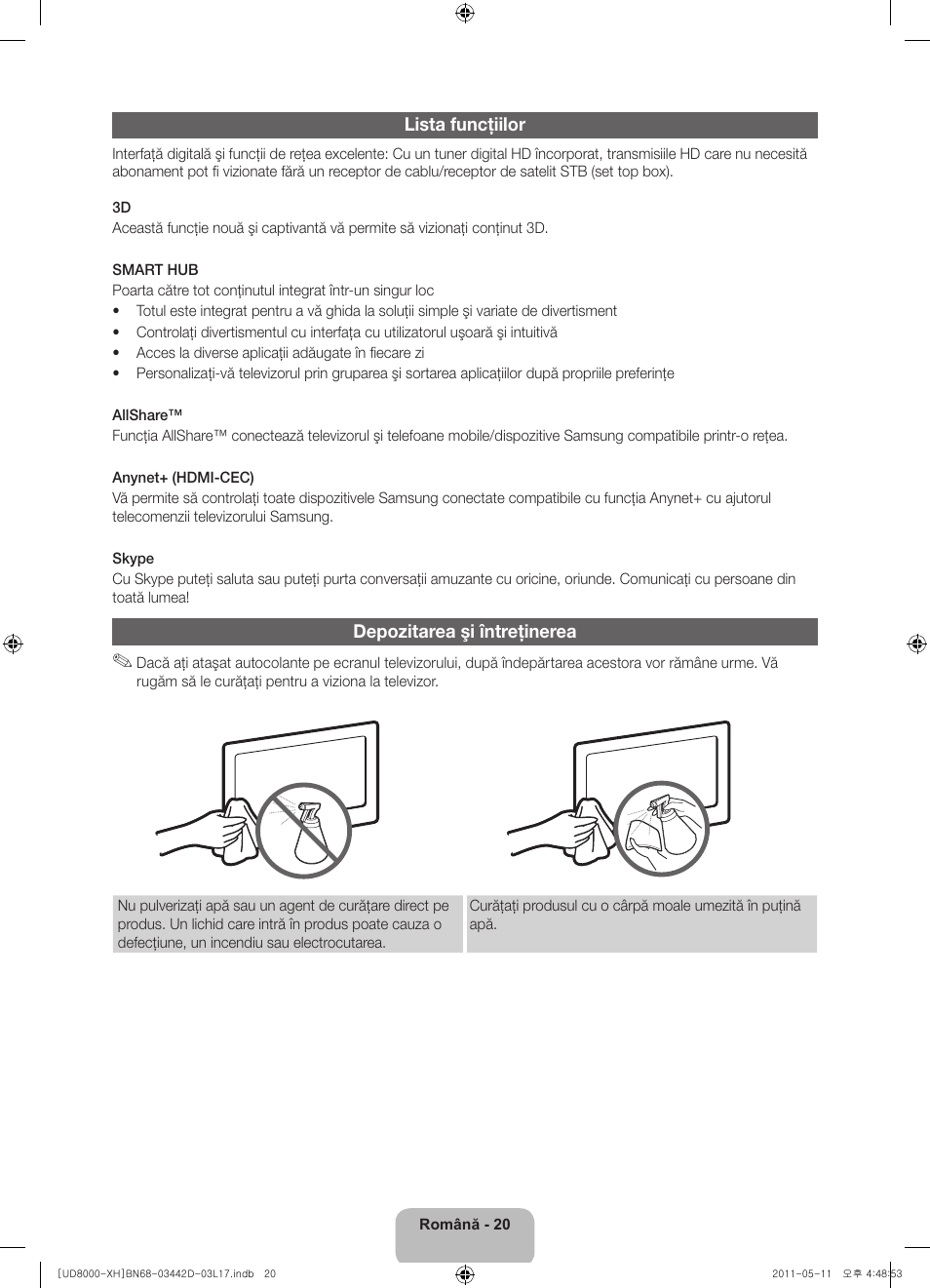 Lista funcţiilor, Depozitarea şi întreţinerea | Samsung UE46D8000YS User Manual | Page 182 / 344