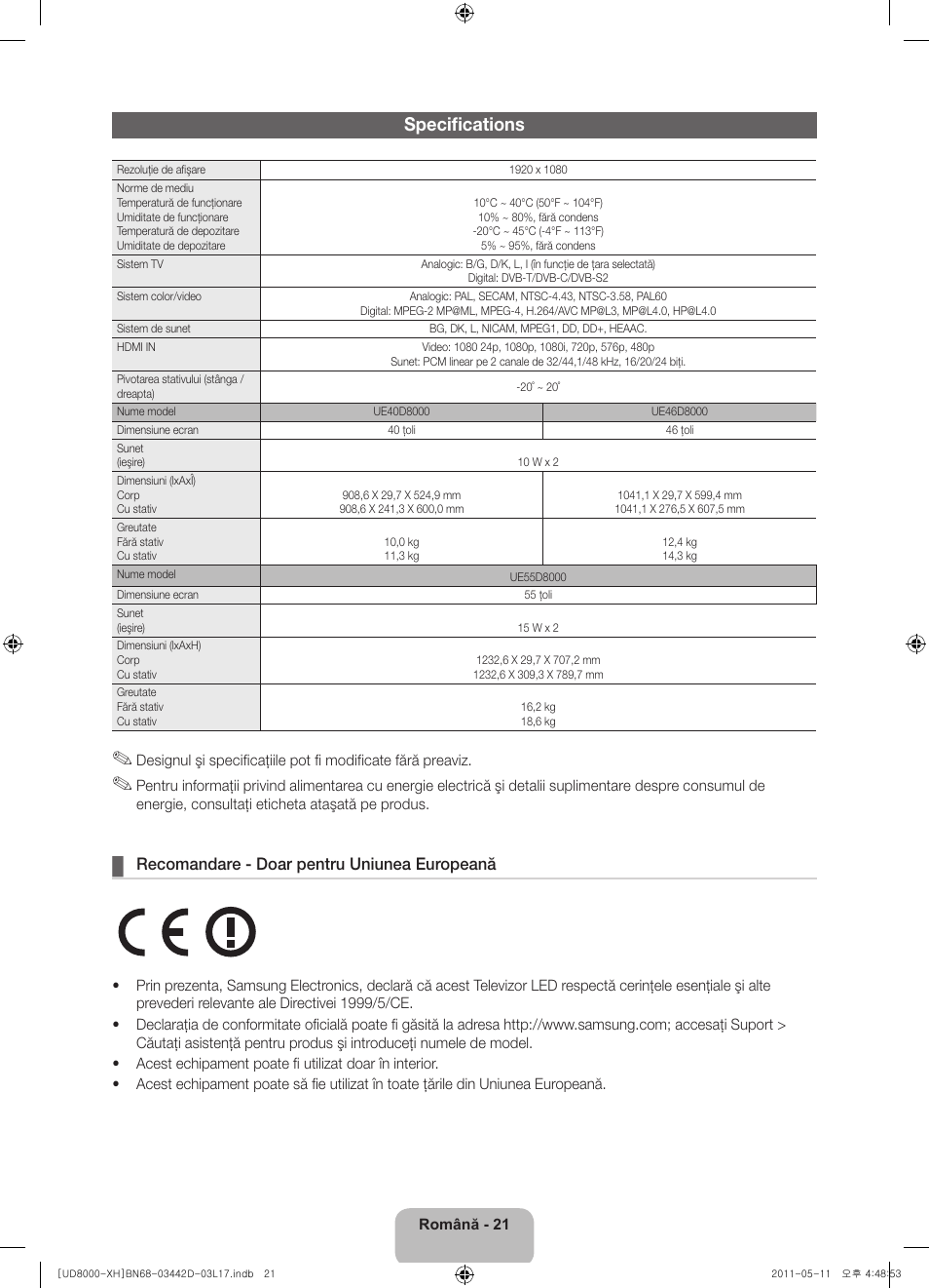 Specifications, Recomandare - doar pentru uniunea europeană | Samsung UE46D8000YS User Manual | Page 183 / 344