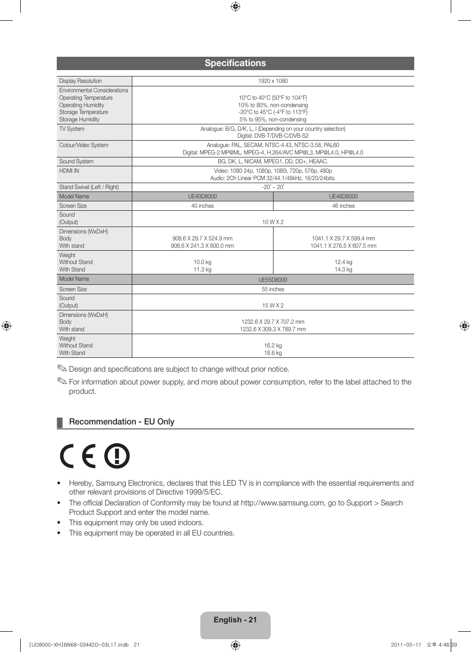 Specifications, Recommendation - eu only | Samsung UE46D8000YS User Manual | Page 21 / 344