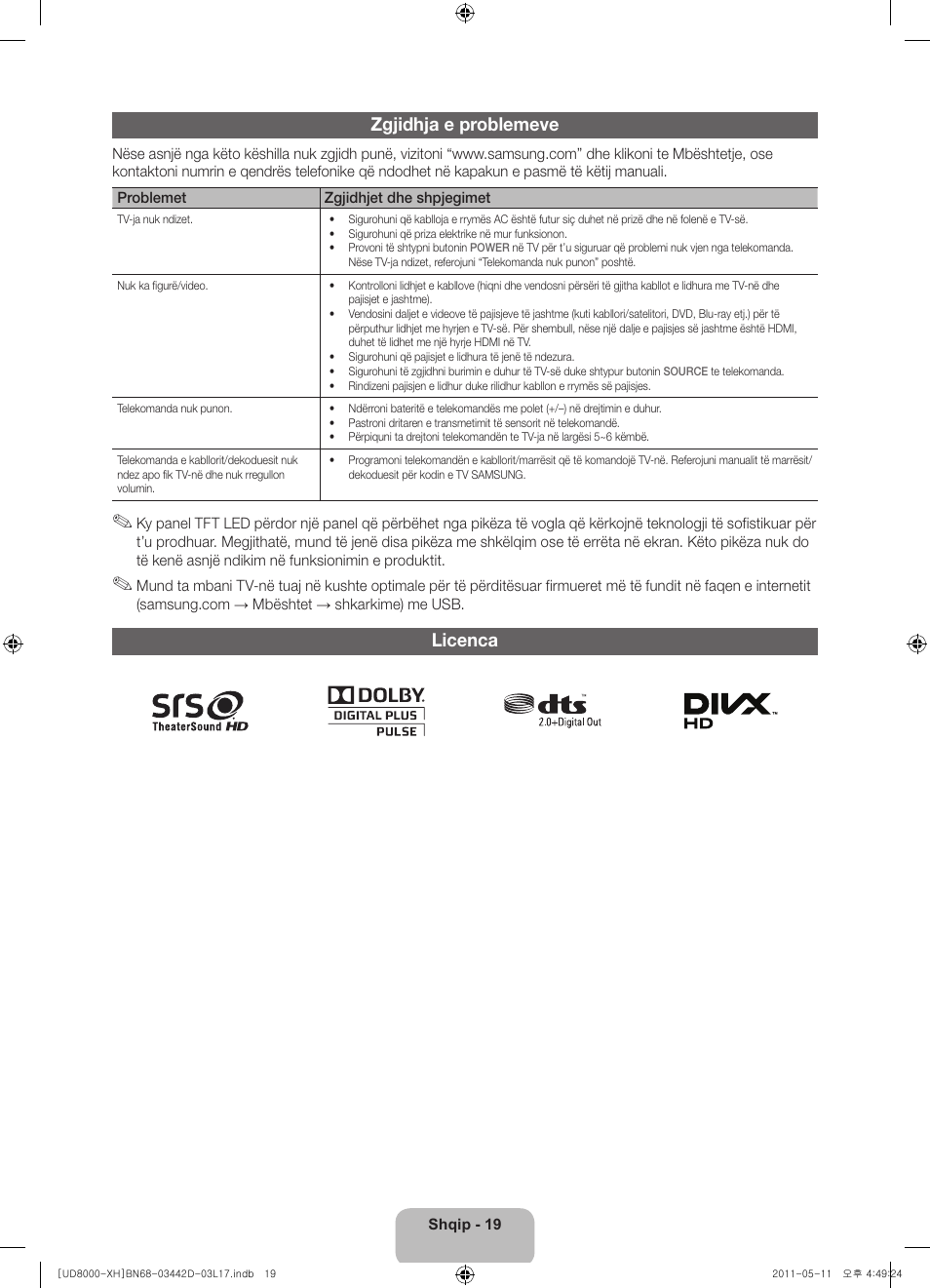 Zgjidhja e problemeve, Licenca | Samsung UE46D8000YS User Manual | Page 221 / 344