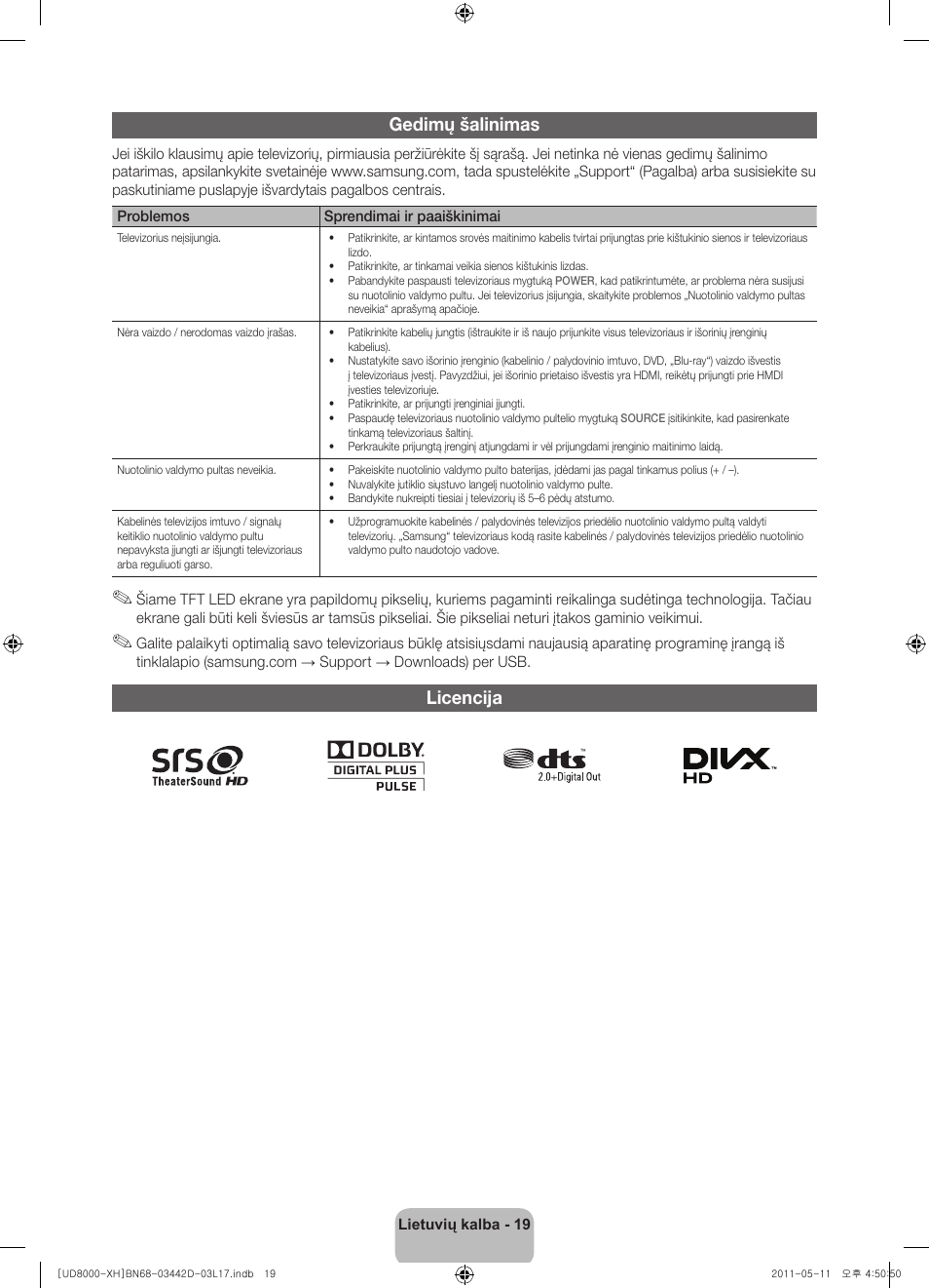 Gedimų šalinimas, Licencija | Samsung UE46D8000YS User Manual | Page 301 / 344