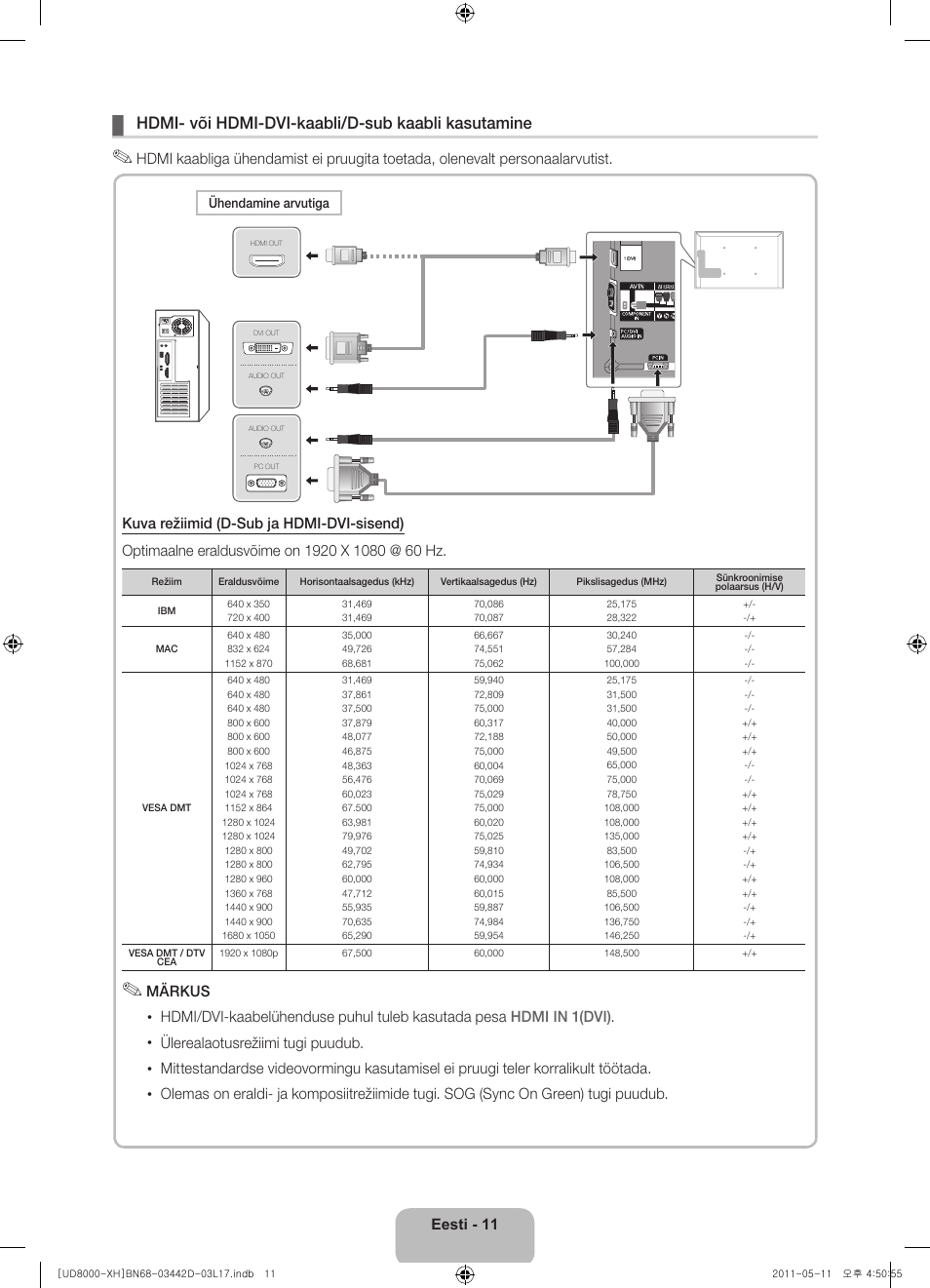 Hdmi- või hdmi-dvi-kaabli/d-sub kaabli kasutamine | Samsung UE46D8000YS User Manual | Page 313 / 344
