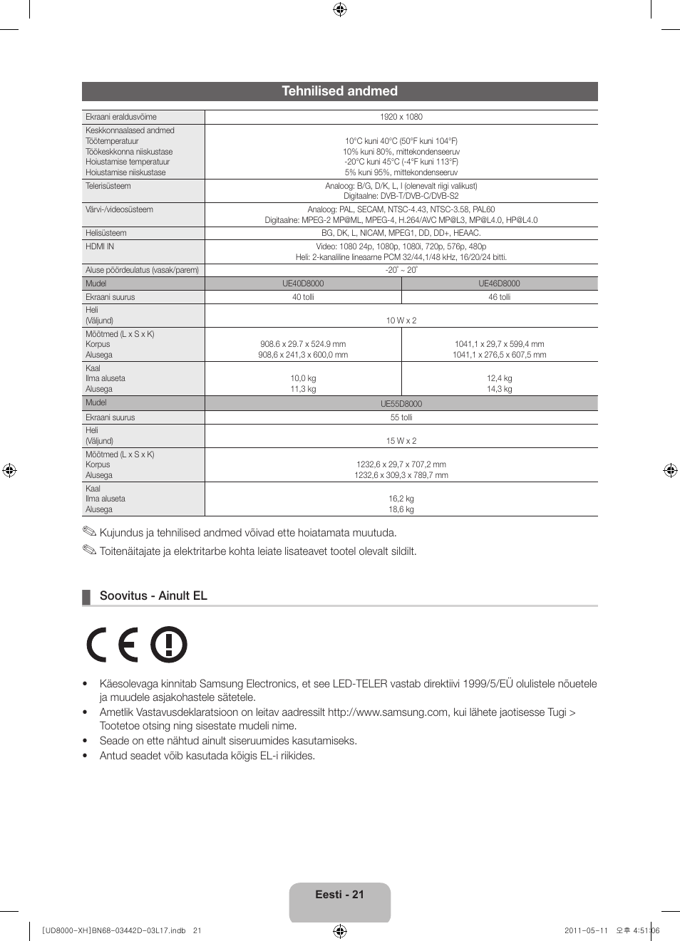 Tehnilised andmed, Soovitus - ainult el | Samsung UE46D8000YS User Manual | Page 323 / 344