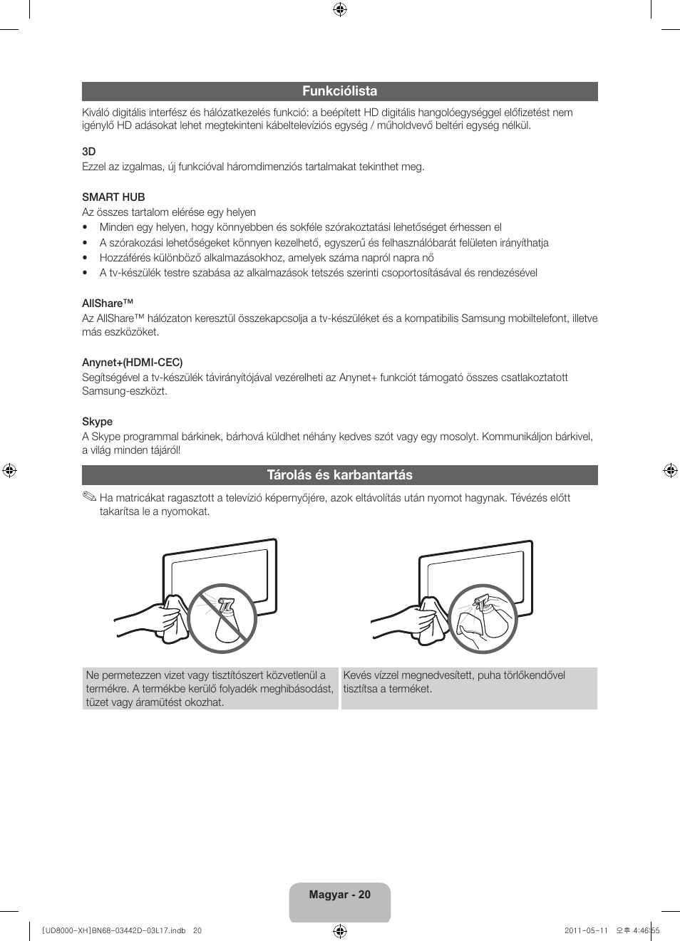 Funkciólista, Tárolás és karbantartás | Samsung UE46D8000YS User Manual | Page 40 / 344